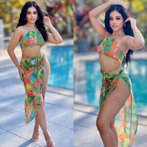 Brooke Tropical Print Bikini And Cover Up Skirt Set
